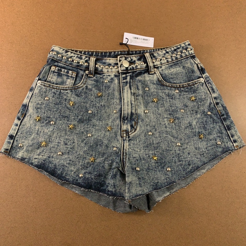 Nasty Gal Womens Size 8 Acid Washed Embellished Star Studded Cut Off Shorts NWT